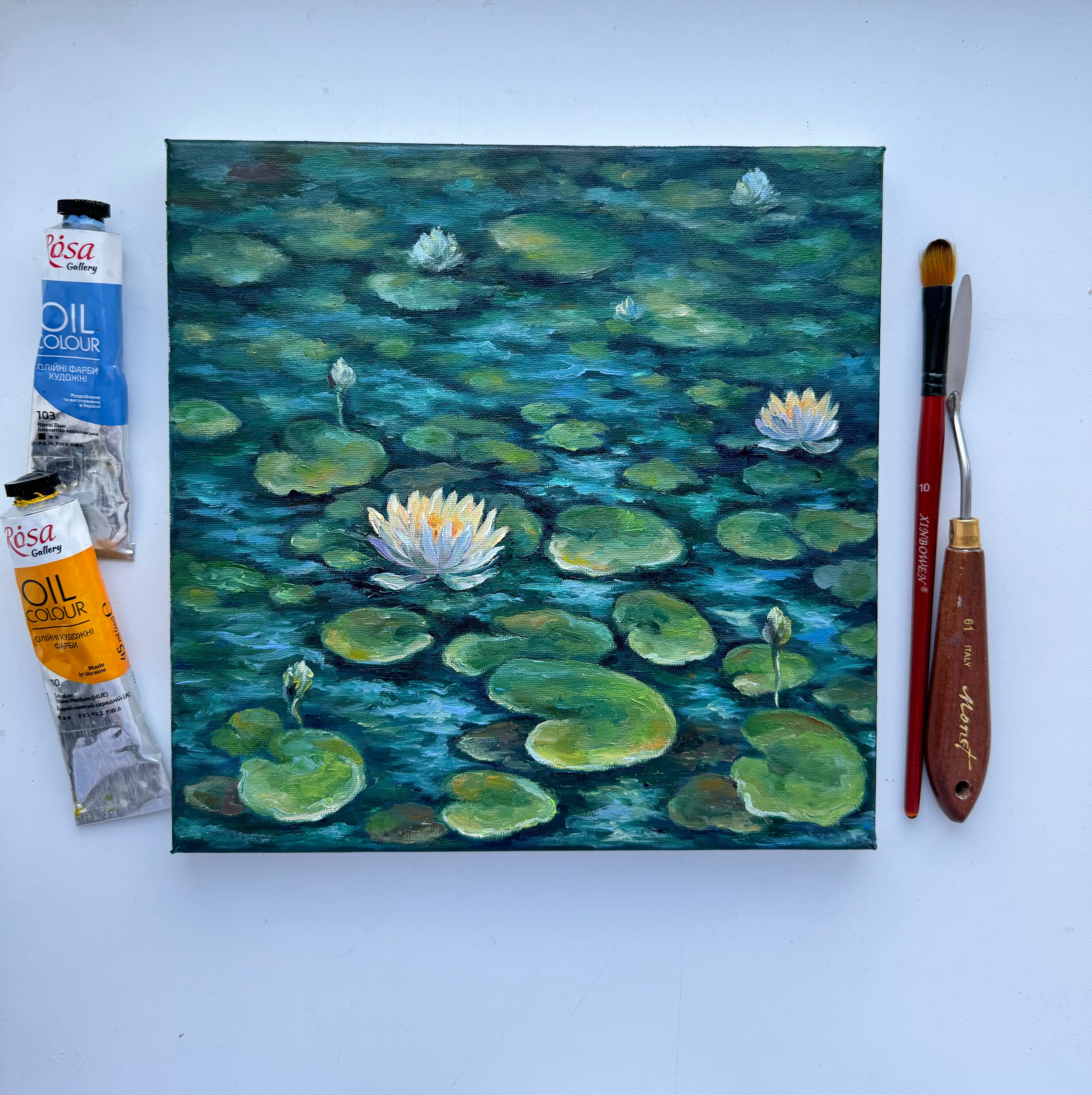 睡蓮の油絵：オリジナルの花の池のアート、10x10 キャンバス - Etsy 日本