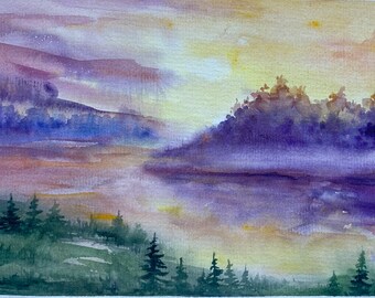 Vermont Landscape Watercolor Painting: Misty Lake Art, 6x8