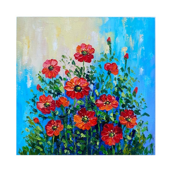 Poppy Field Landscape Acrylic Painting 8x8 Inches Original Round Canvas Art  