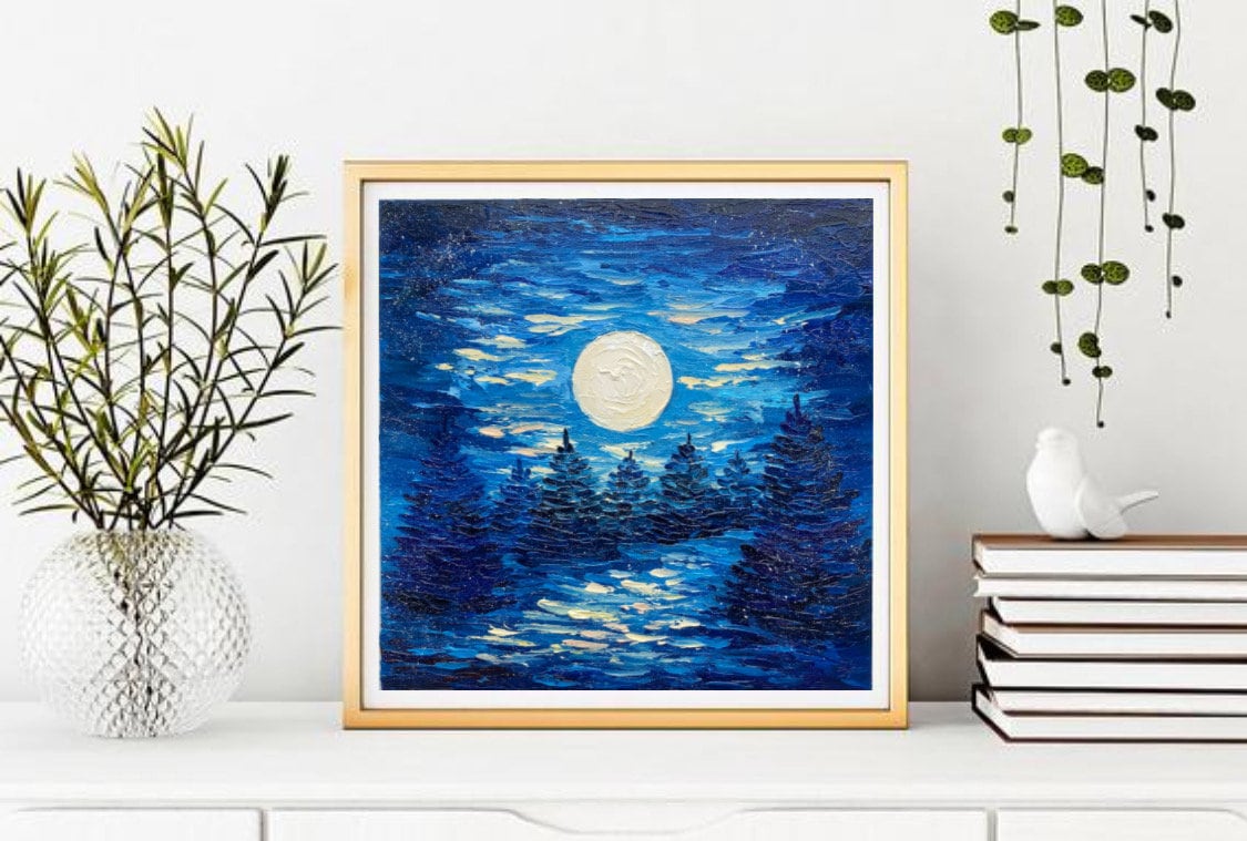 満月の松の木の油絵：夜の森のインパストアート（8x8） - Etsy 日本