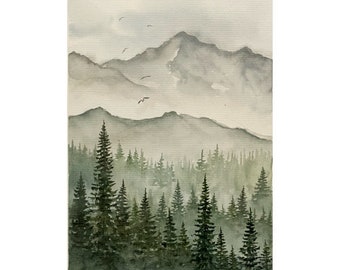 Misty Forest Watercolor Painting: Original Pine Tree Landscape Art (6x8)