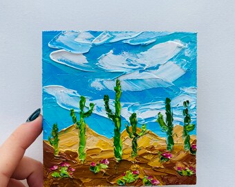 サワロサボテンのインパスト油絵：アリゾナ砂漠のアート、4x4 - Etsy 日本