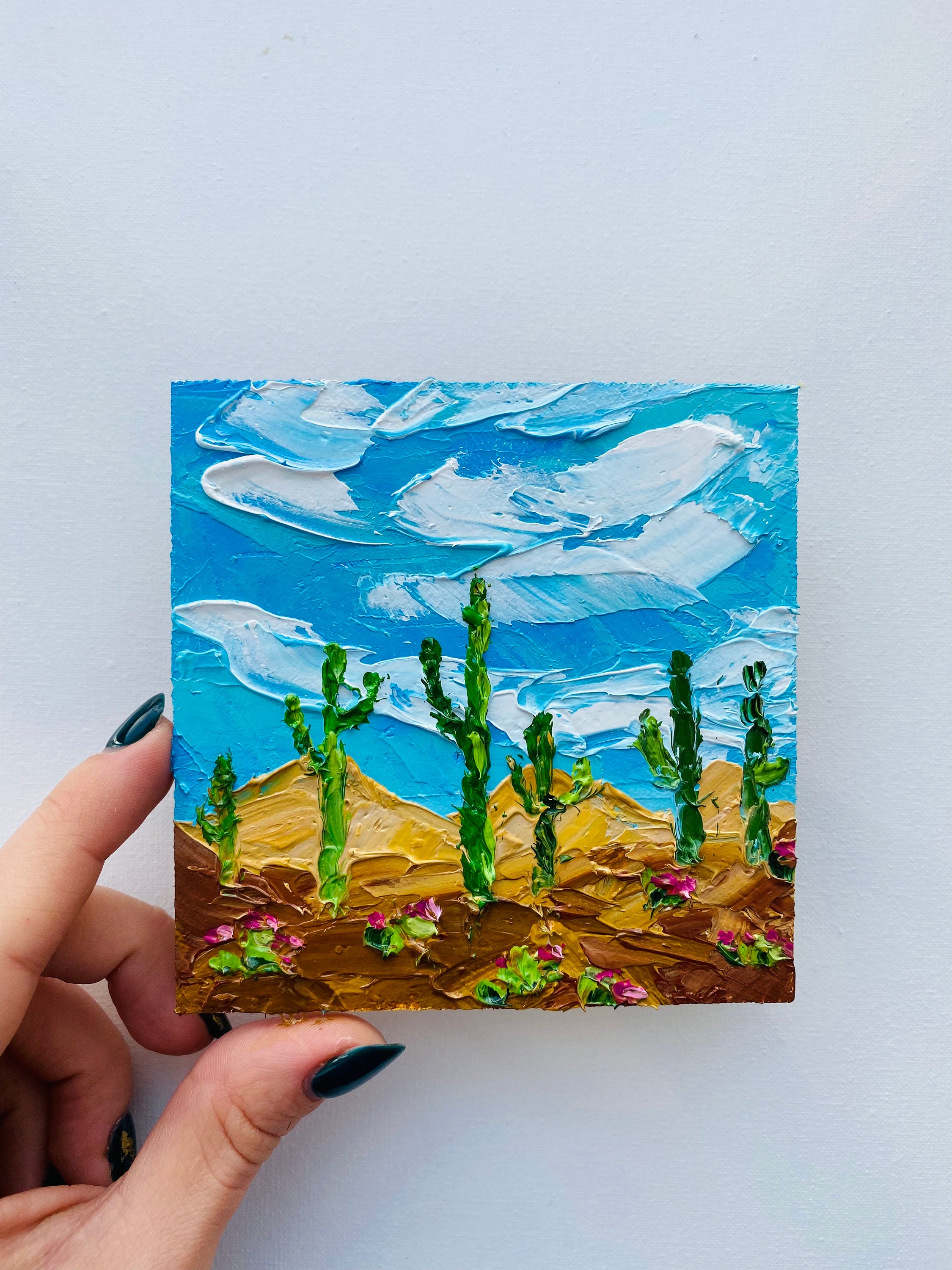 サワロサボテンのインパスト油絵：アリゾナ砂漠のアート、4x4 - Etsy 日本