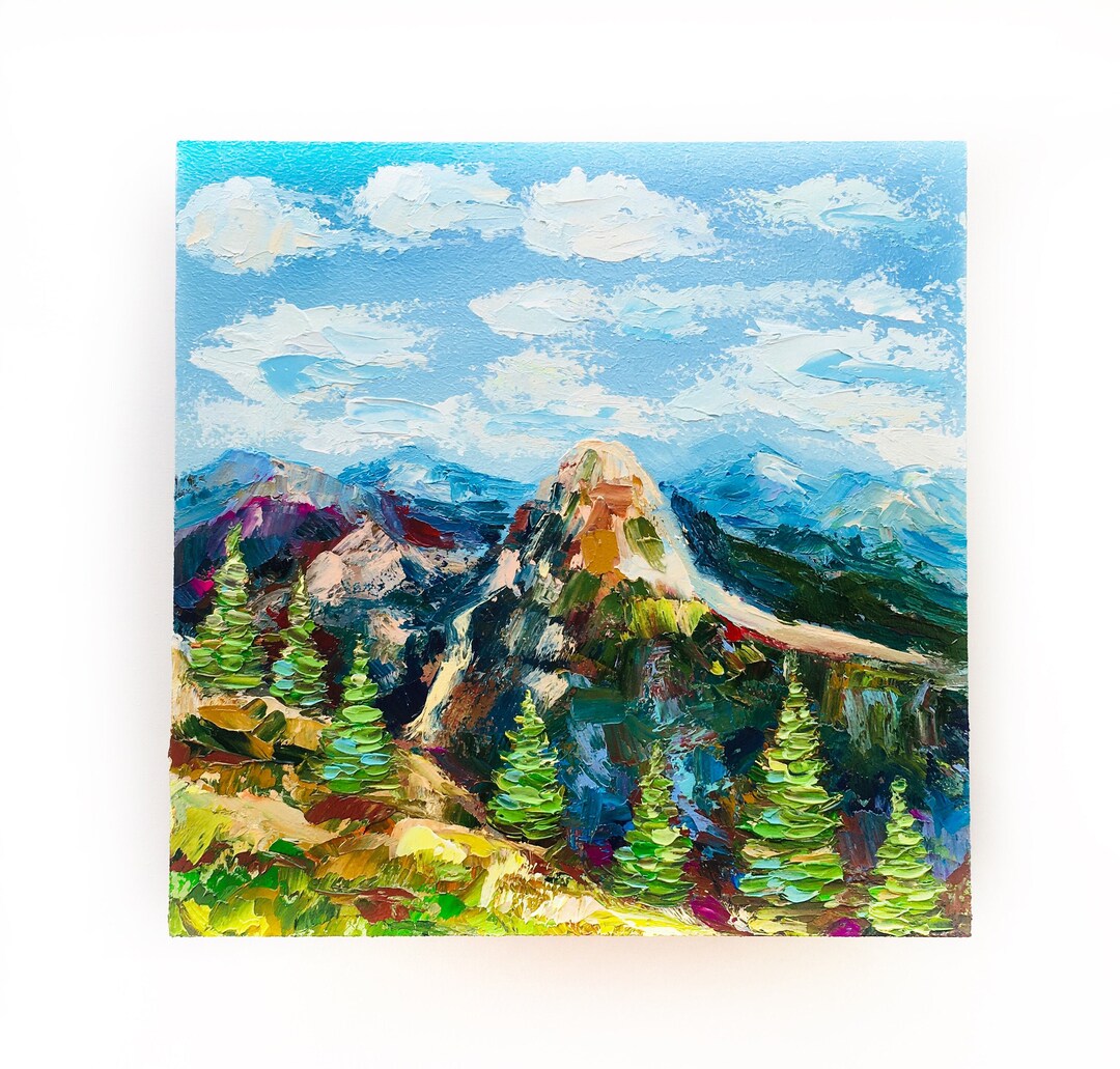 グレイシャー国立公園の油絵：インパスト山岳風景画（8x8） - Etsy 日本