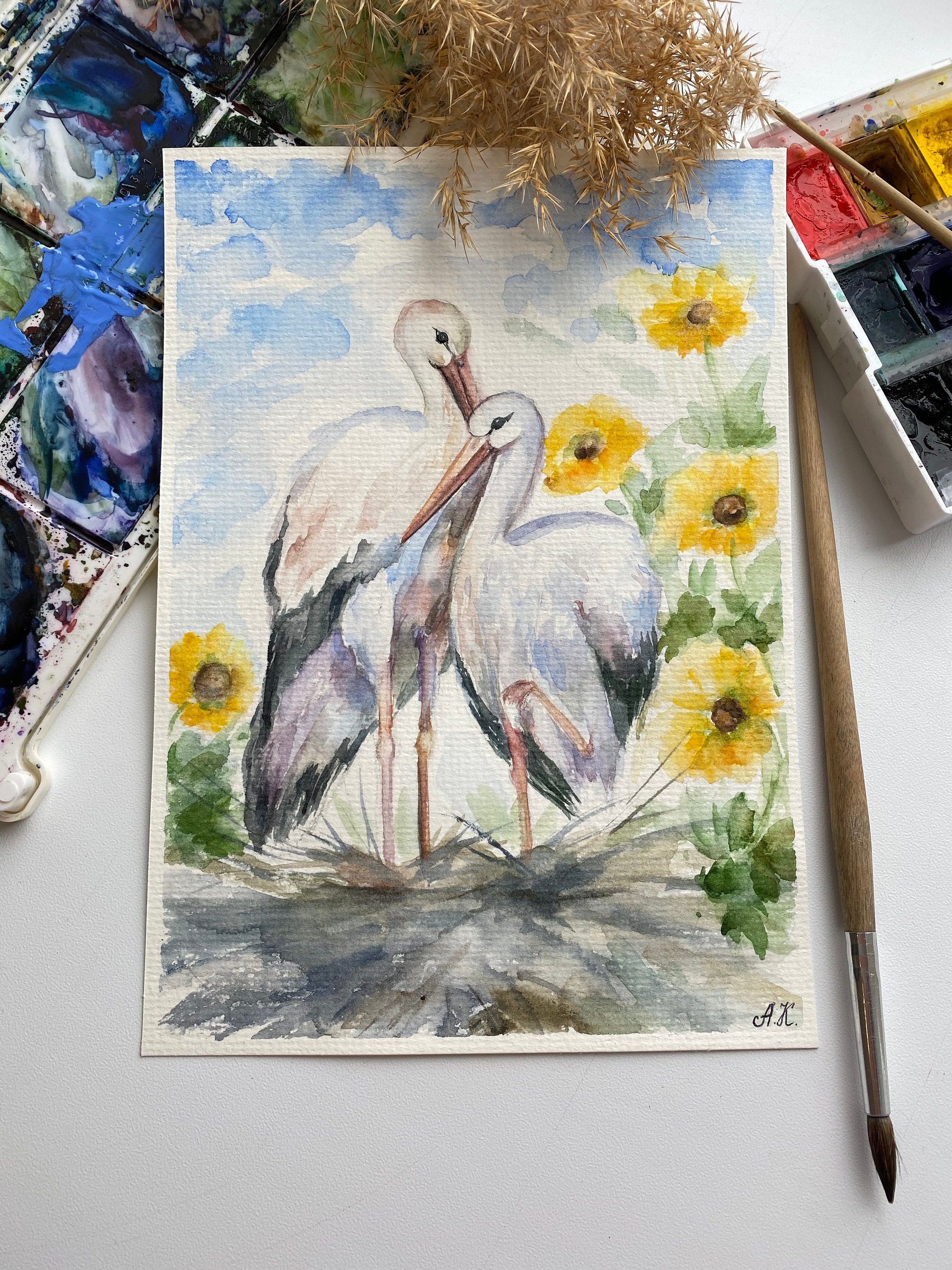 コウノトリの水彩画：オリジナルの鳥のアート、8x6インチ - Etsy 日本
