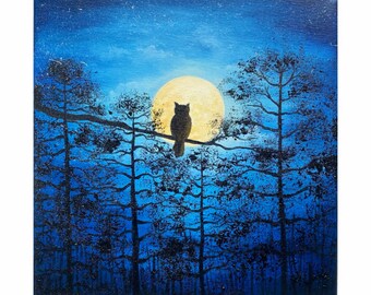 Original Full Moon Oil Painting: Night Forest Pine Trees, 10x10 Canvas Art