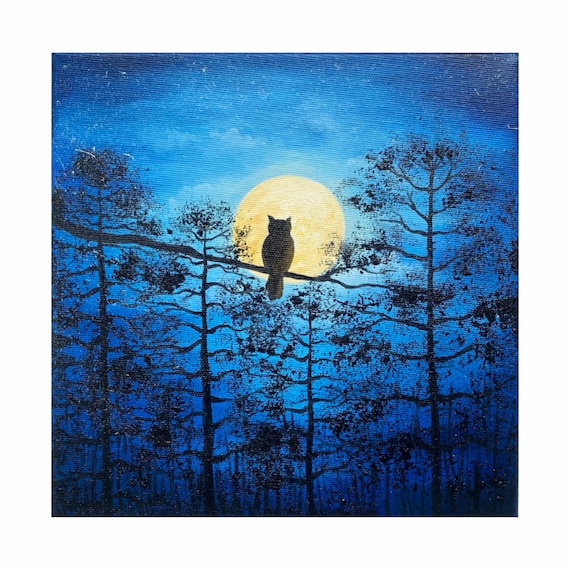 オリジナル満月油絵：夜の森の松の木、10x10 キャンバスアート - Etsy 日本