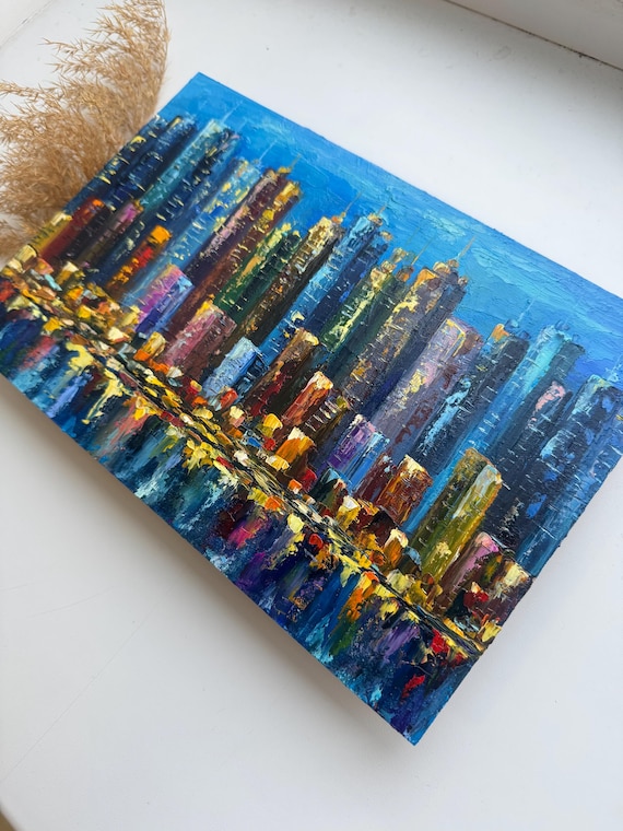 New York Cityscape Painting: Original Impasto Night Skyline Art