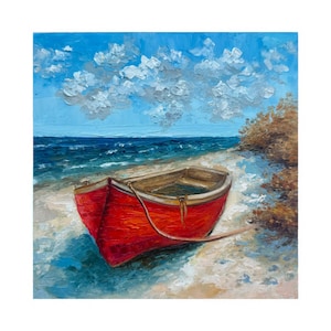 Fishing Boat Painting Seascape original art Boat Wall Art Fishing Boat oil impasto painting seascape artwork 8x8 inches by Alla