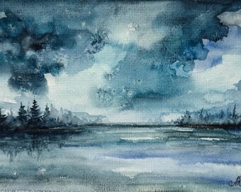 Misty Lake Painting: Original Watercolor Landscape Art (8x6 inch)