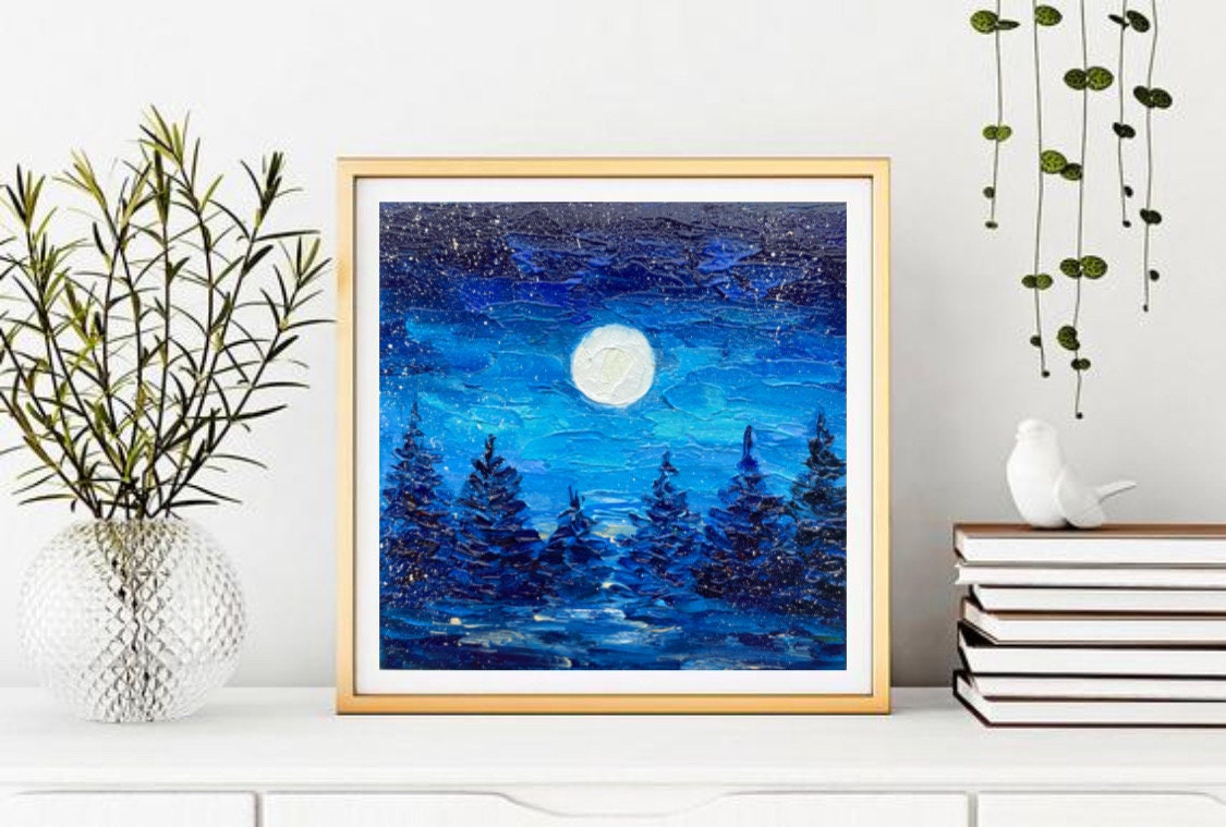 満月の風景画 松の木 オリジナルアート 夜の森 油絵 月光