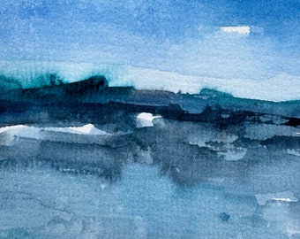 「port blue」原画 抽象風景画 Abstract Seascape Painting Coastal Watercolor Original Art