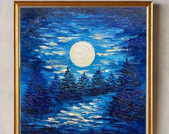 満月の松の木の油絵：夜の森のインパストアート（8x8） - Etsy 日本