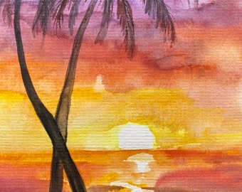 ハワイの絵画 水彩画 海の景色 オリジナルアート ヤシの木の絵画