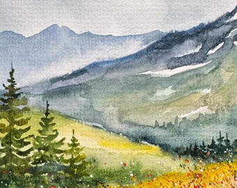 ロッキー山脈の水彩画：コロラドの野花の風景画（6x8） - Etsy 日本