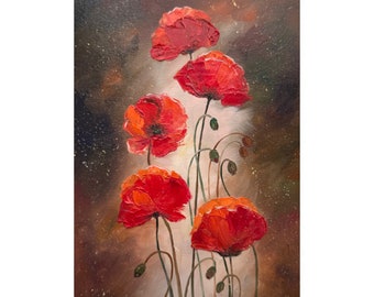 油絵 絵画 ポピーの花 ポピー 油絵 ポピー 小さなアート 赤い花のアートワーク 花の絵画 油絵