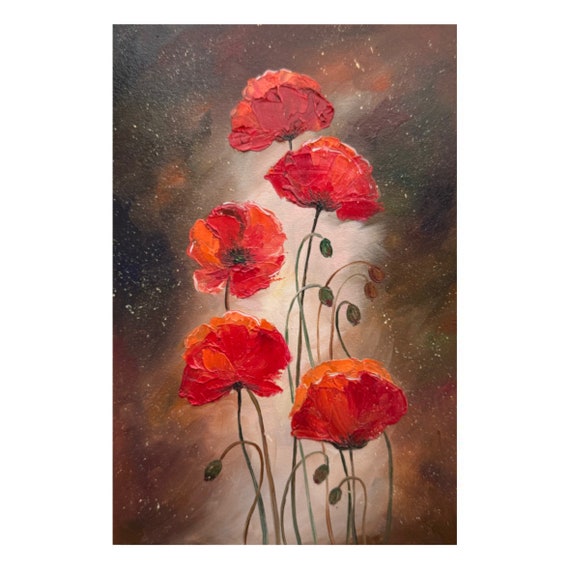 オリジナルの赤いポピーの油絵：インパストフローラルアート