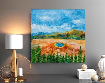 イエローストーン間欠泉の絵画：モンタナの風景を描いたインパスト油彩