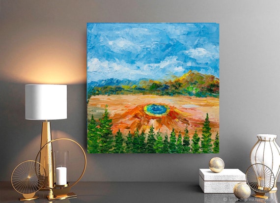イエローストーン間欠泉の絵画:モンタナの風景を描いたインパスト油彩 イエローストーン間欠泉の絵画:モンタナの風景を描いたインパスト油彩