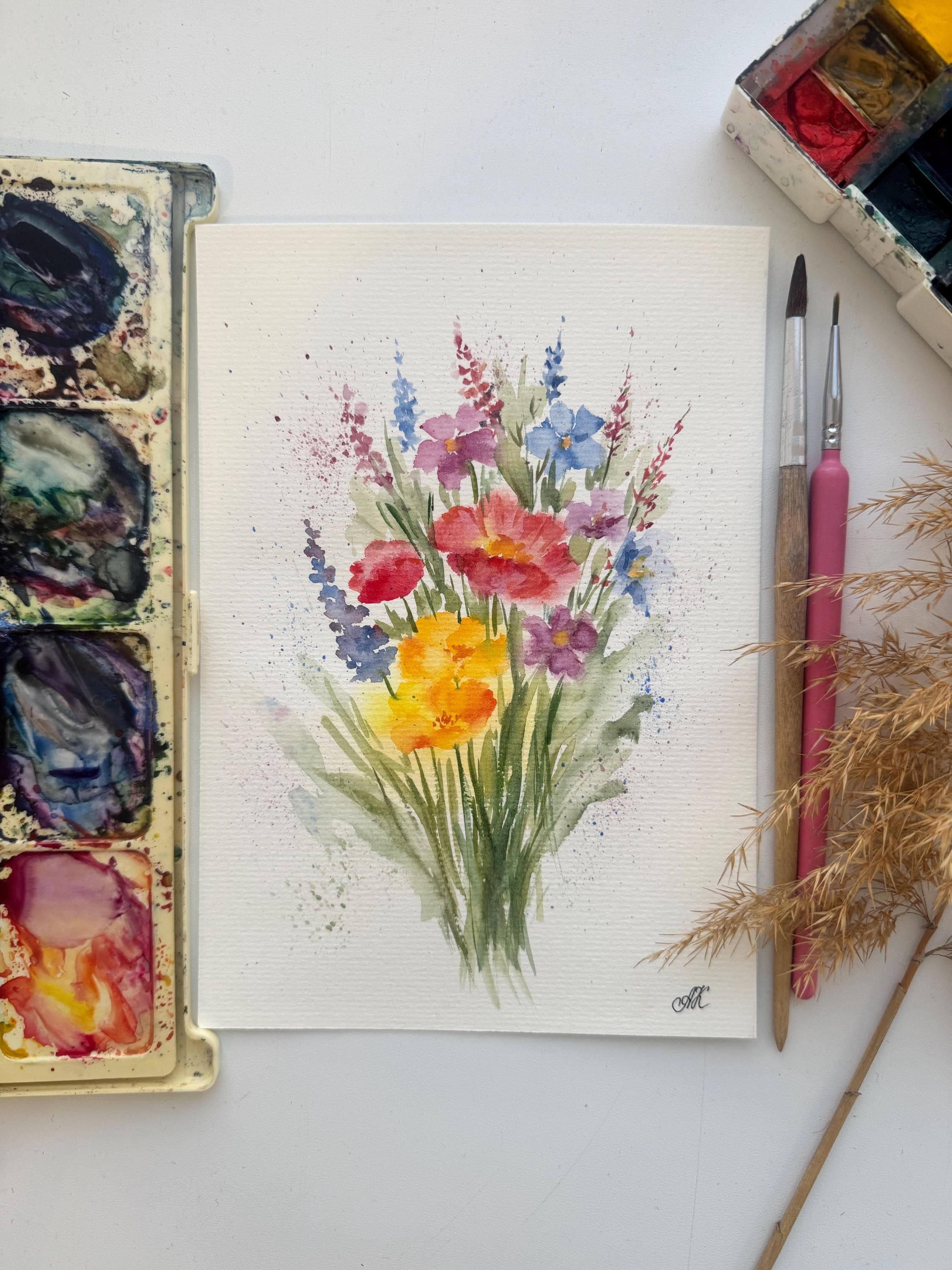 オリジナルの野花の水彩画：草原の花のアート（8x6インチ） - Etsy 日本