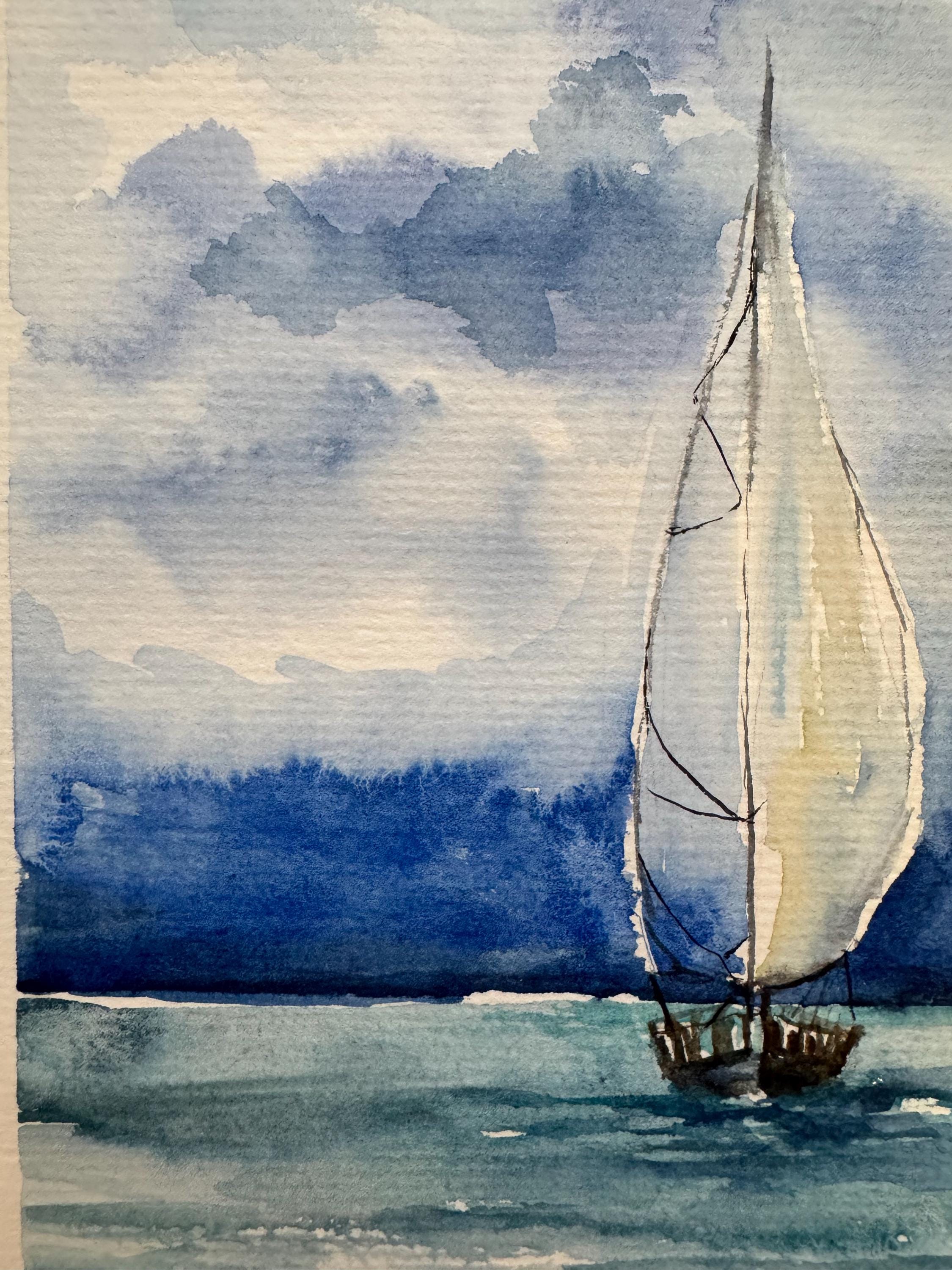 オリジナル水彩画「帆船」：カリフォルニアの海景アート 6x8 - Etsy 日本