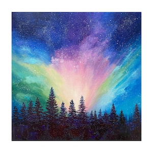 オリジナル冬の風景油絵：星空のコテージアート（12x8インチ） - Etsy 日本