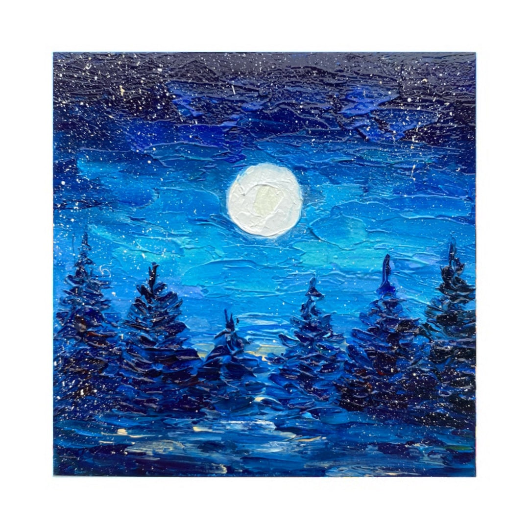 満月の風景画 松の木 オリジナルアート 夜の森 油絵 月光