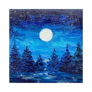 Full moon landscape Painting Pine trees Original Art night forest oil painting moonlight Wall Art Night Landscape impasto artwork 4x4 inches
