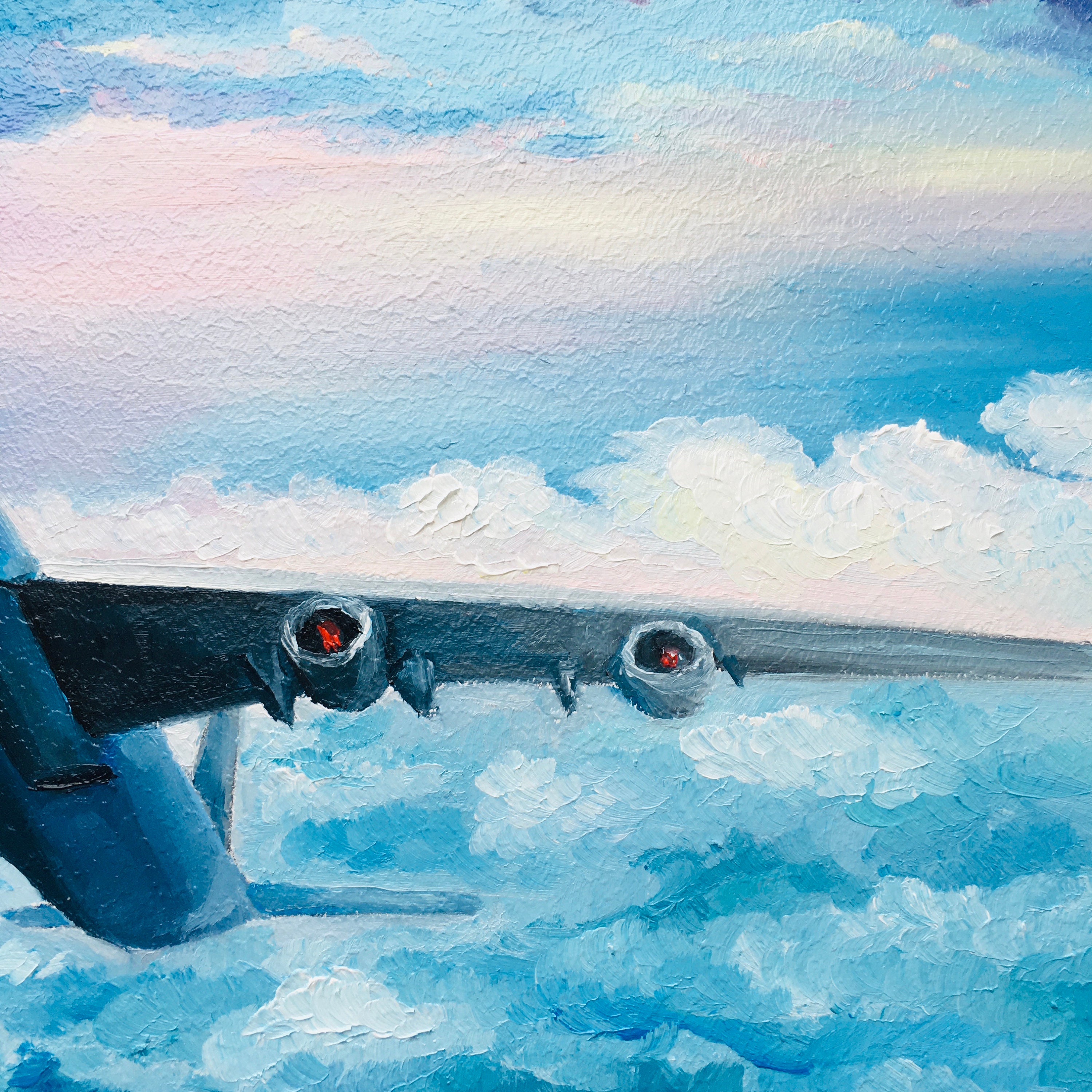 飛行機の油絵：空と雲のオリジナルアート（8x12インチ） - Etsy 日本
