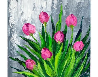 Bouquet de tulipes Art floral original peinture tulipe Wall Art Flower empâtement peinture à l'huile petite oeuvre florale 8 x 8 par Alla