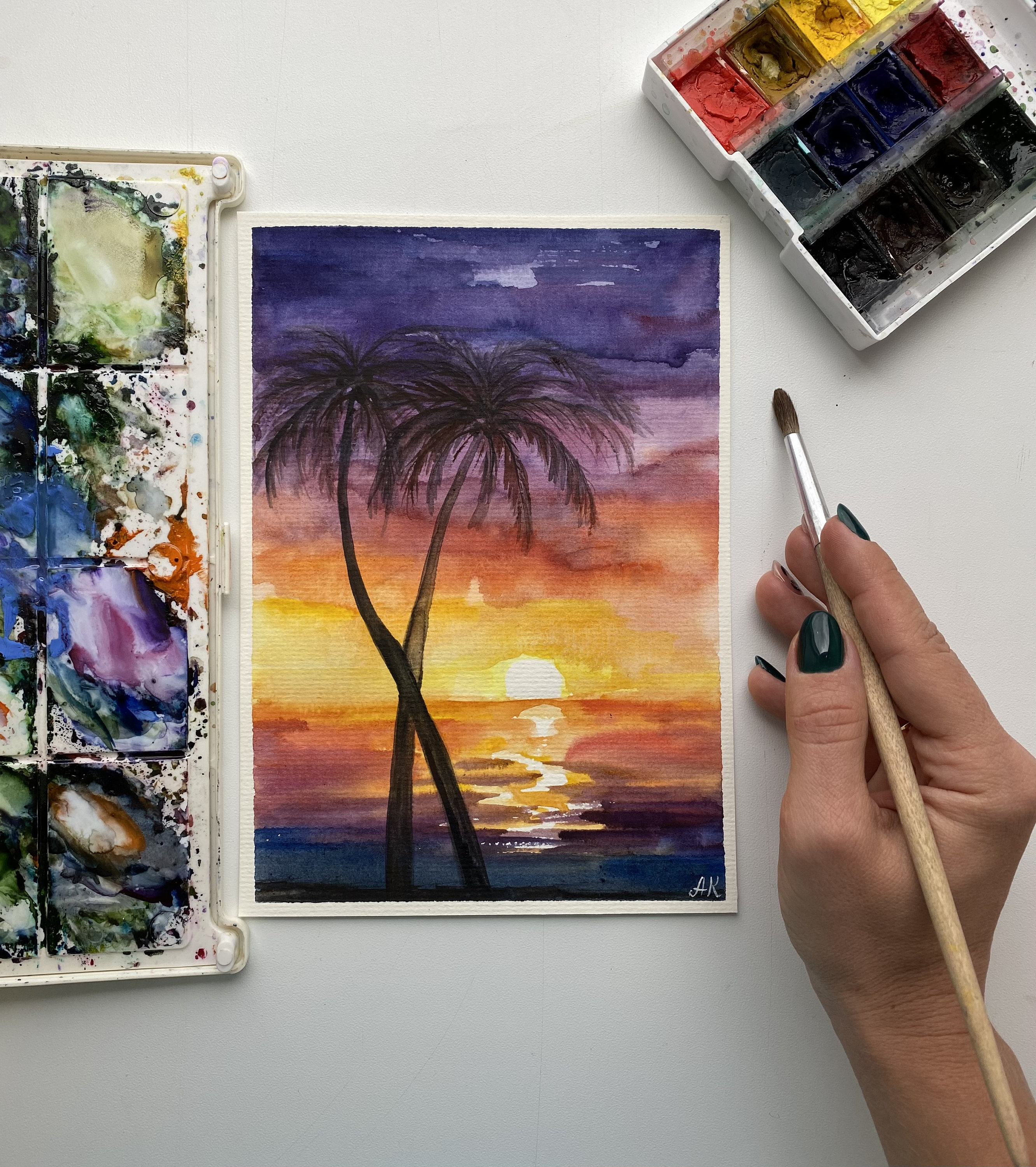 ハワイの海景水彩画：オリジナルヤシの木のビーチアート（8x6） - Etsy