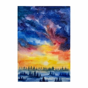 Pittura di pino Cielo notturno acquerello originale Arte Notte Foresta Wall Art Galaxy Opera d'arte Cielo notturno pittura Acquerello albero di pino arte 8x6