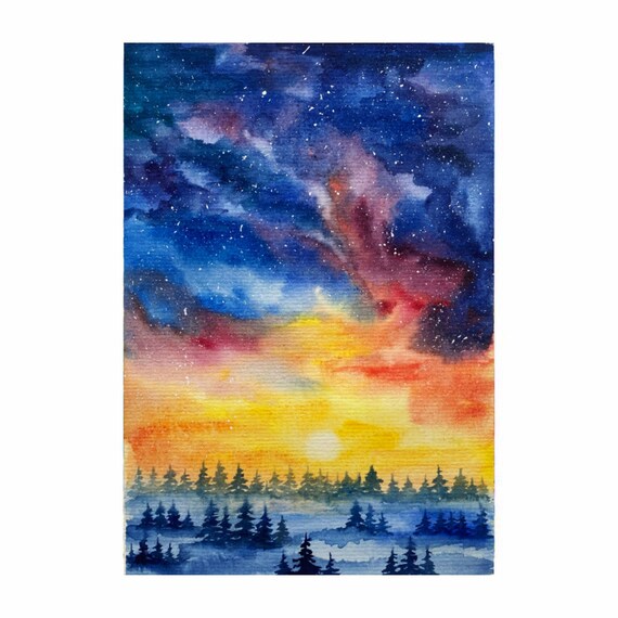 オリジナル夜空水彩画：松林の銀河アート（8x6） - Etsy 日本