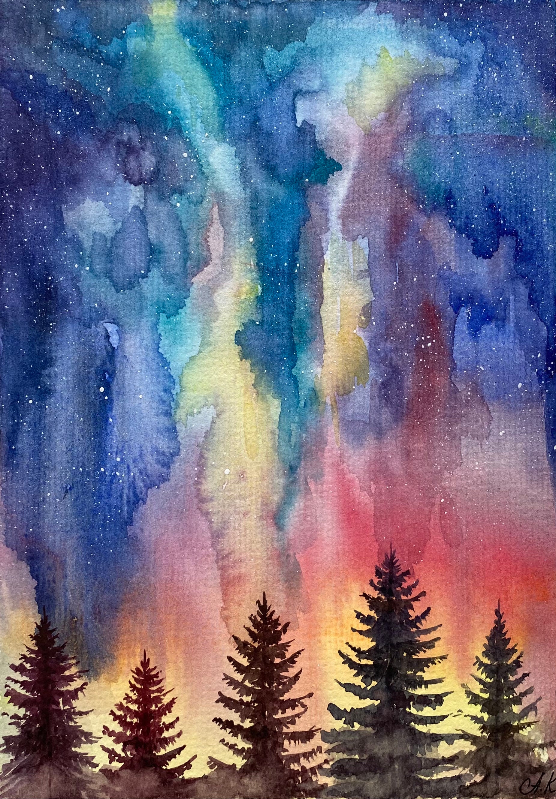 Aurora Borealis Painting Original Watercolor Art Northern Etsy