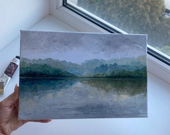 霧の湖の絵画：オリジナルの霧の風景画、厚塗り技法、8x12インチ