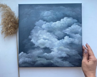 曇り空の油絵：オリジナル風景キャンバスアート（12x12） - Etsy 日本