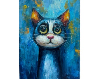 Black Cat Painting: Original Impasto Oil Art, 8x6"