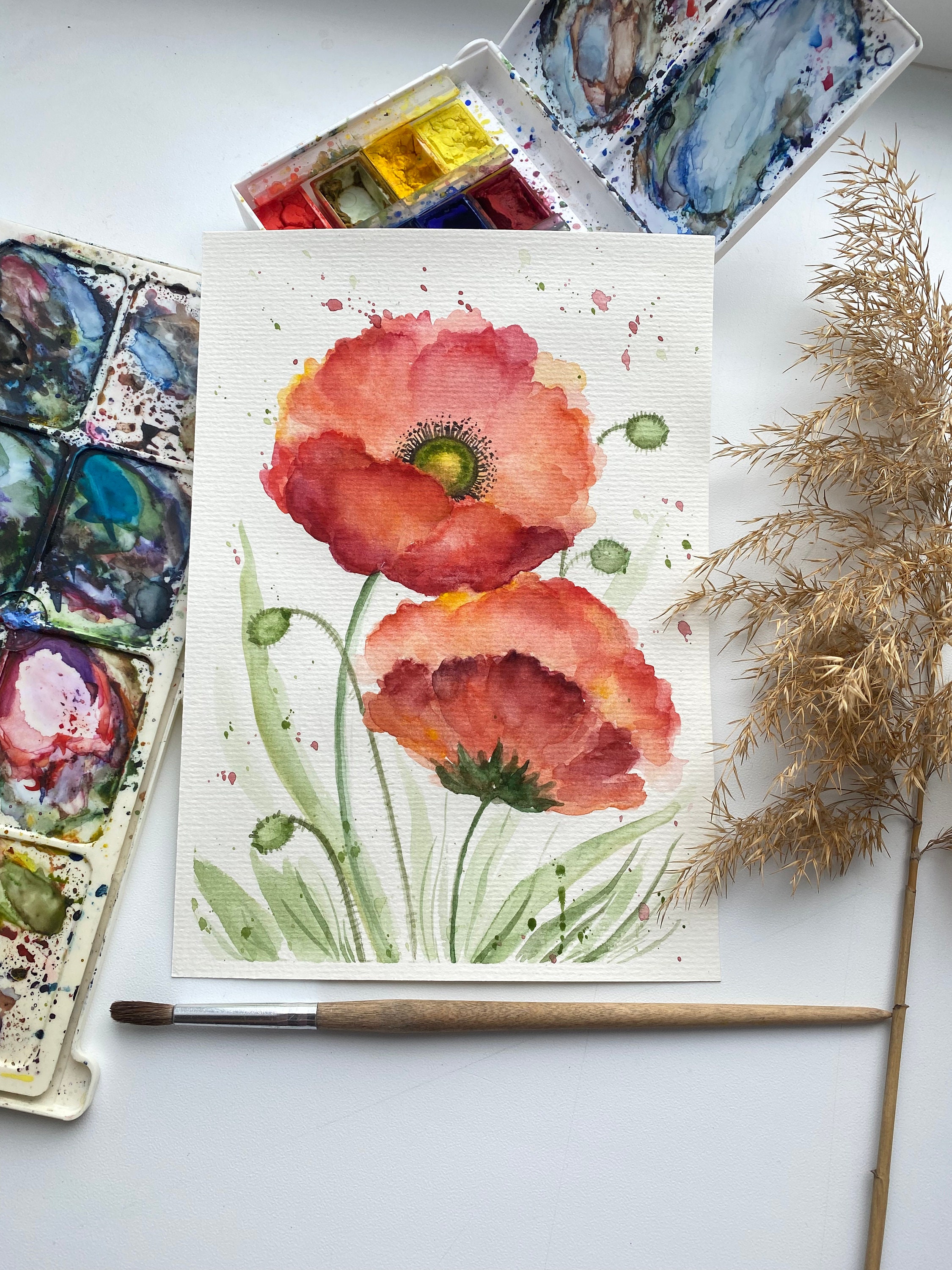 高級品市場 カリフォルニアポピーの絵画 花のアートワーク オリジナル水彩画 絵画