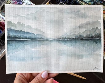 オリジナル水彩画「霧の湖」：抽象風景画、8 x 6インチ - Etsy 日本