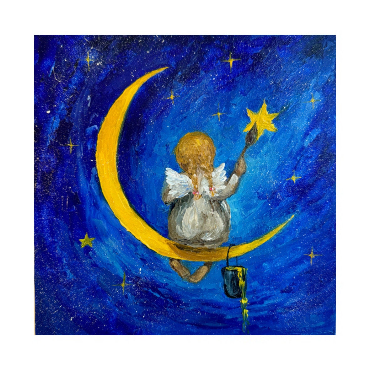 【セール】 Night Moonlight Painting Angel Original Angel Little Art 絵画+タペストリー