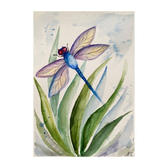 トンボの水彩画（オリジナル）：昆虫アート（8x6） - Etsy 日本