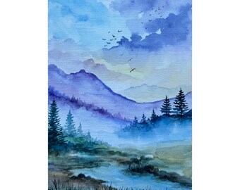 Original Watercolor Mountain River Painting: Pine Tree Landscape Art (6x8 inches)