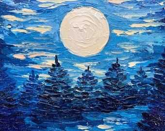 満月の松の木の油絵：夜の森のインパストアート（8x8） - Etsy 日本