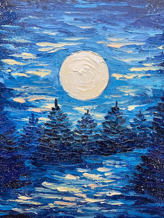 満月の風景画 松の木 オリジナルアート 夜の森 油絵 月光