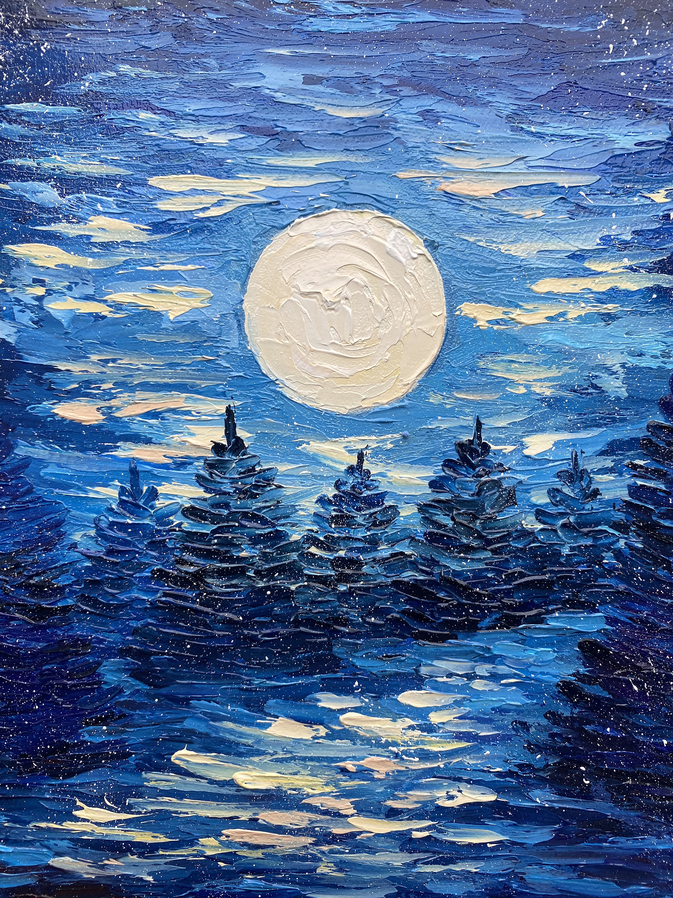 満月の風景画 松の木 オリジナルアート 夜の森 油絵 月光