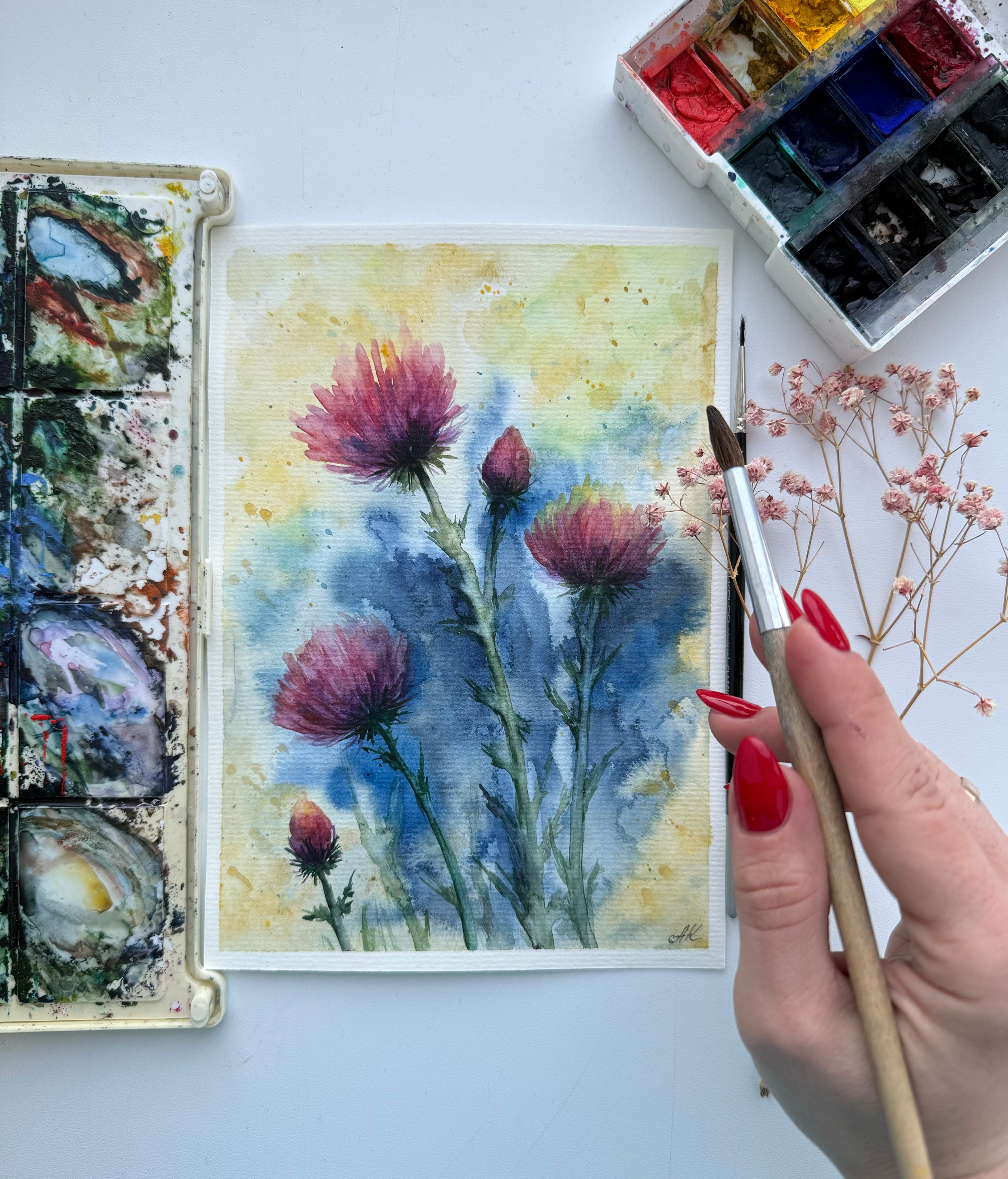 スコットランドのアザミのオリジナル水彩画：8x6の花の壁アート - Etsy