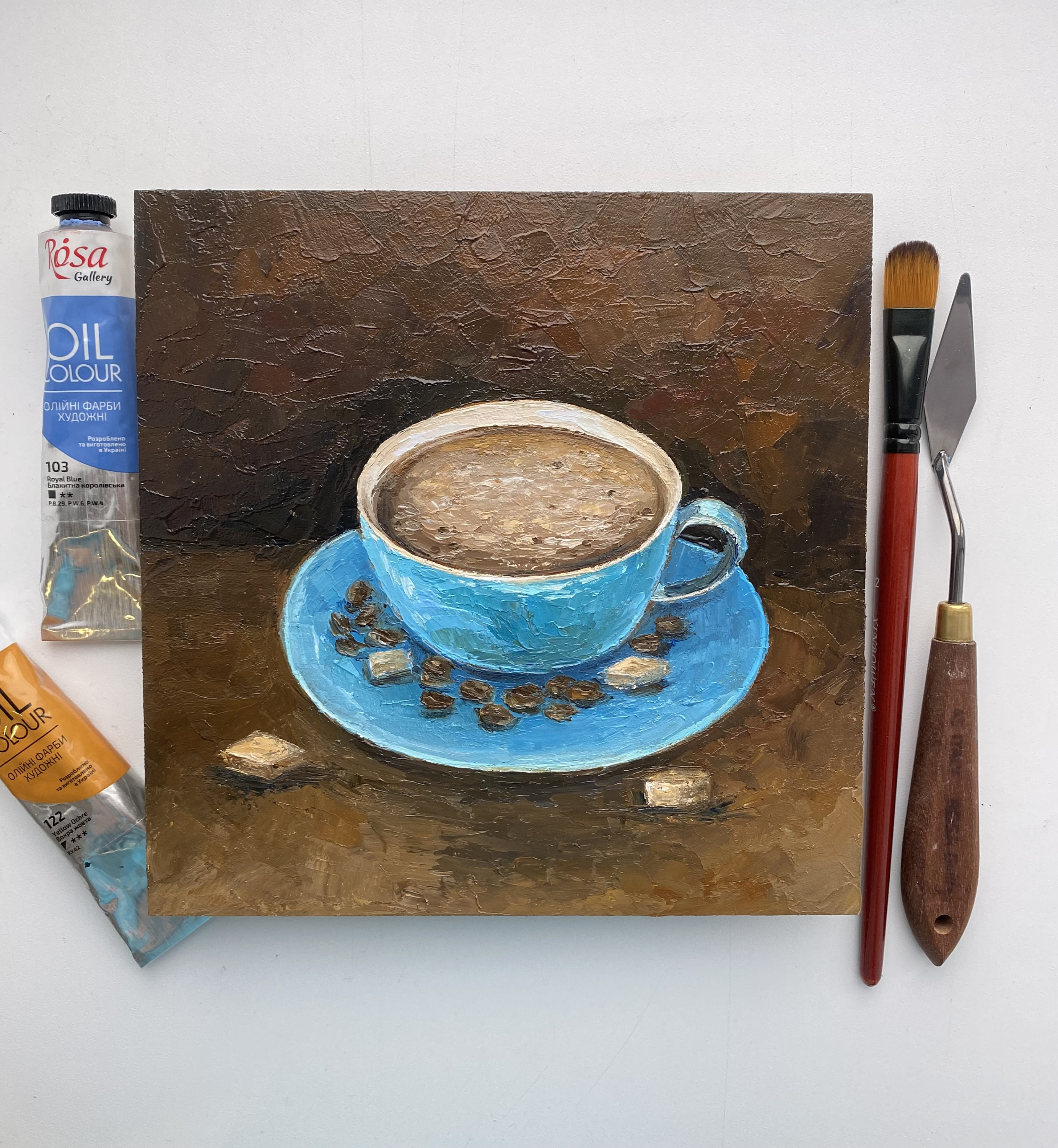 Blue Cup Coffee Painting: Original Impasto Still Life Art (8x8
