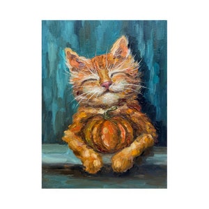 Peinture de chat roux, art original de chat, peinture de citrouille, art mural de chat de gingembre, portrait de chat, peinture d'empâtement, oeuvre de citrouille 20 x 15 cm