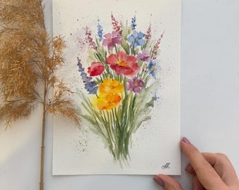 オリジナルの野花の水彩画：草原の花のアート（8x6インチ） - Etsy 日本