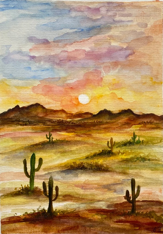 オリジナル水彩画：アリゾナ砂漠の風景画（8x6） - Etsy 日本